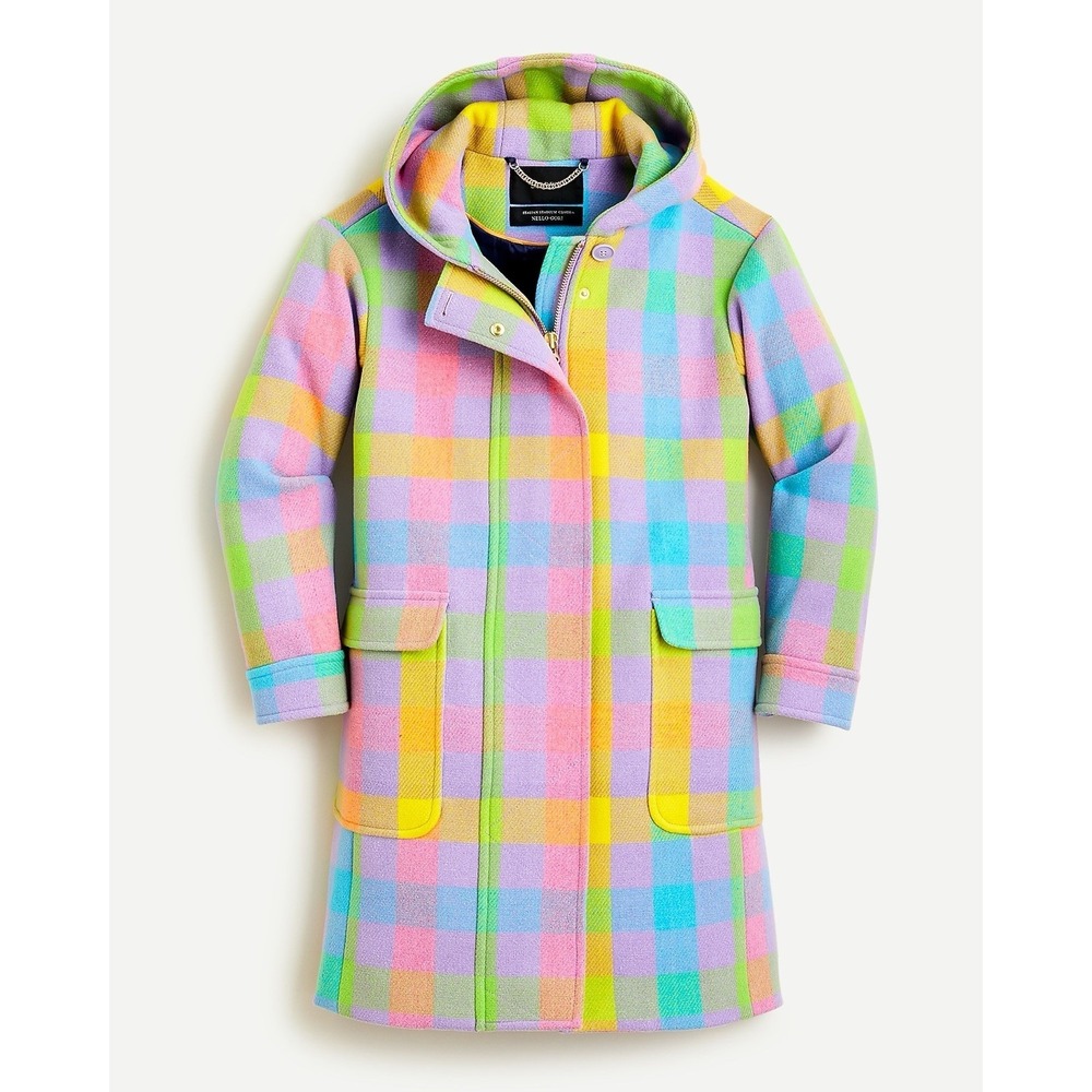 J.Crew Duffle Coat Women's XL Italian Stadium Wool Pastel Plaid Hooded Preppy
